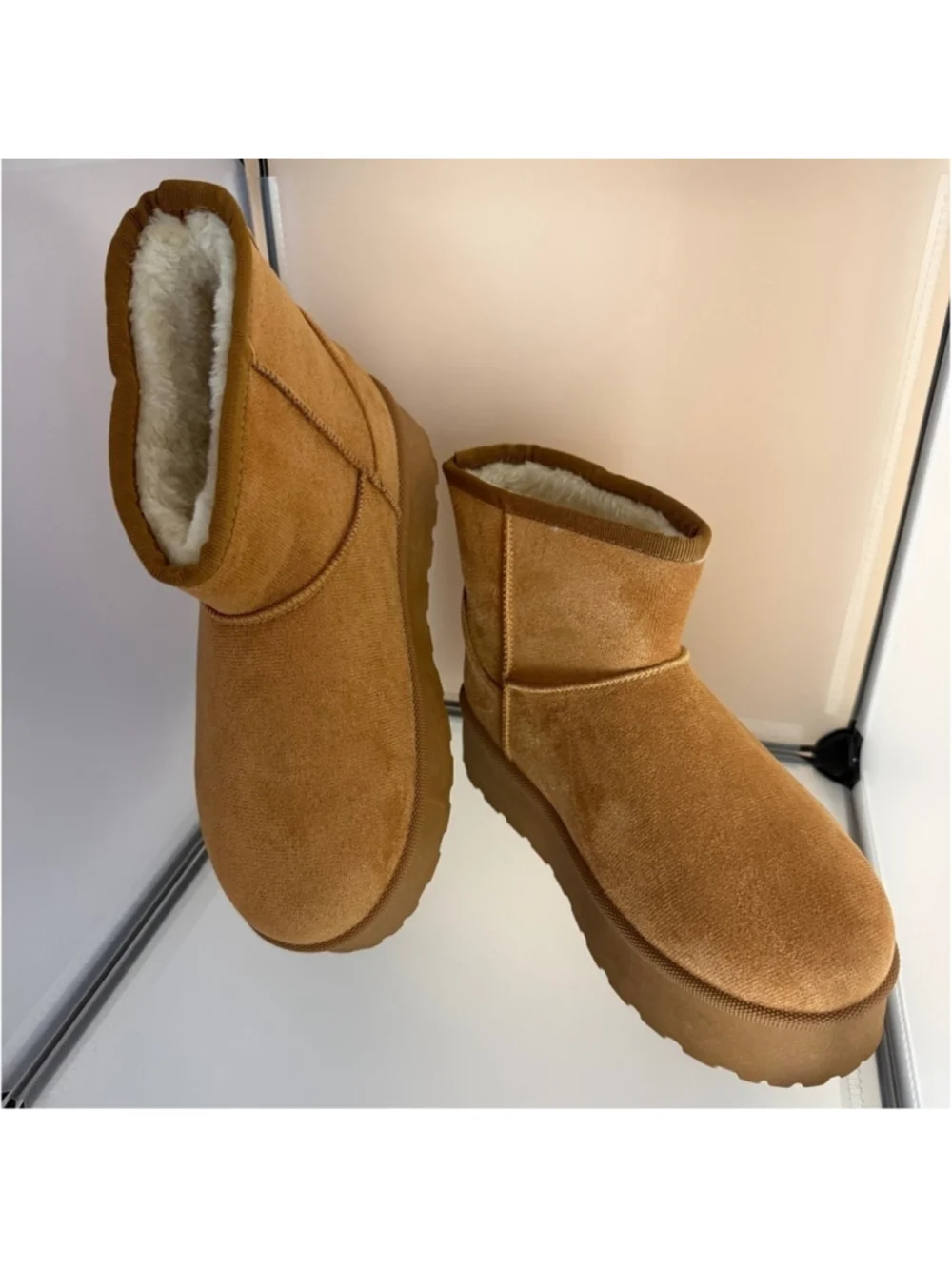 Women's Furry Faux Suede Ankle Platform Booties Tan Size 7.5 New